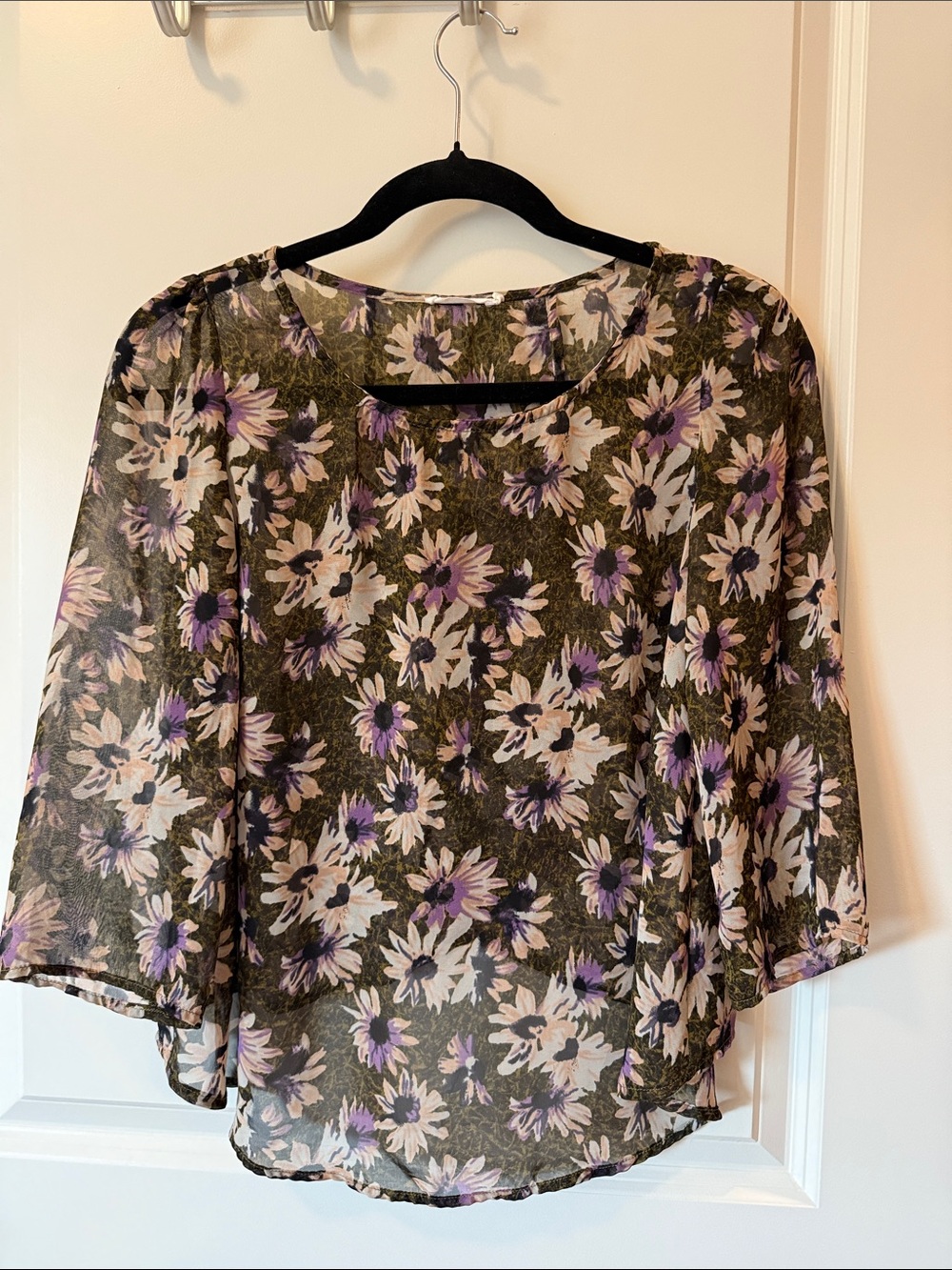 Lush Olive Green Floral Blouse with Purple & White Flowers